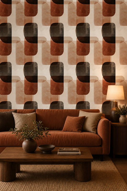 Geometrik Retro Duvar Kağıdı Kahverengi Bej Desenli Salon