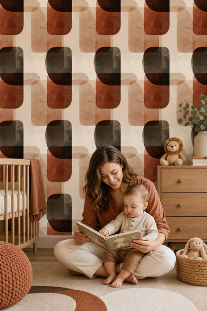 Geometrik Retro Duvar Kağıdı Kahverengi Bej Desenli Salon
