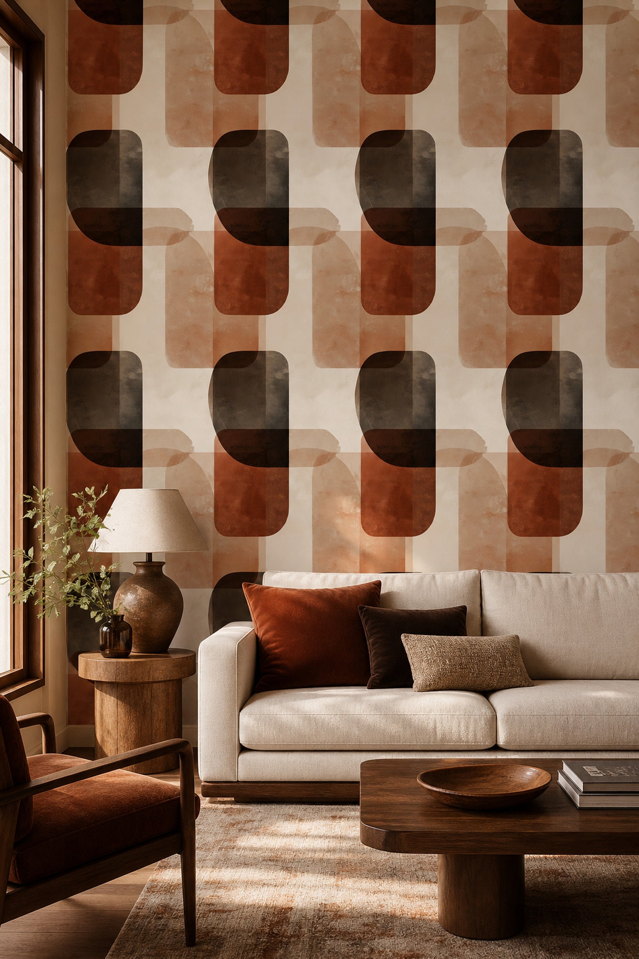 Geometrik Retro Duvar Kağıdı Kahverengi Bej Desenli Salon