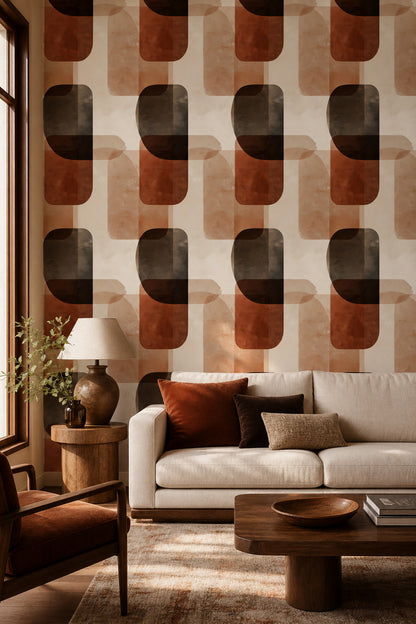 Geometrik Retro Duvar Kağıdı Kahverengi Bej Desenli Salon
