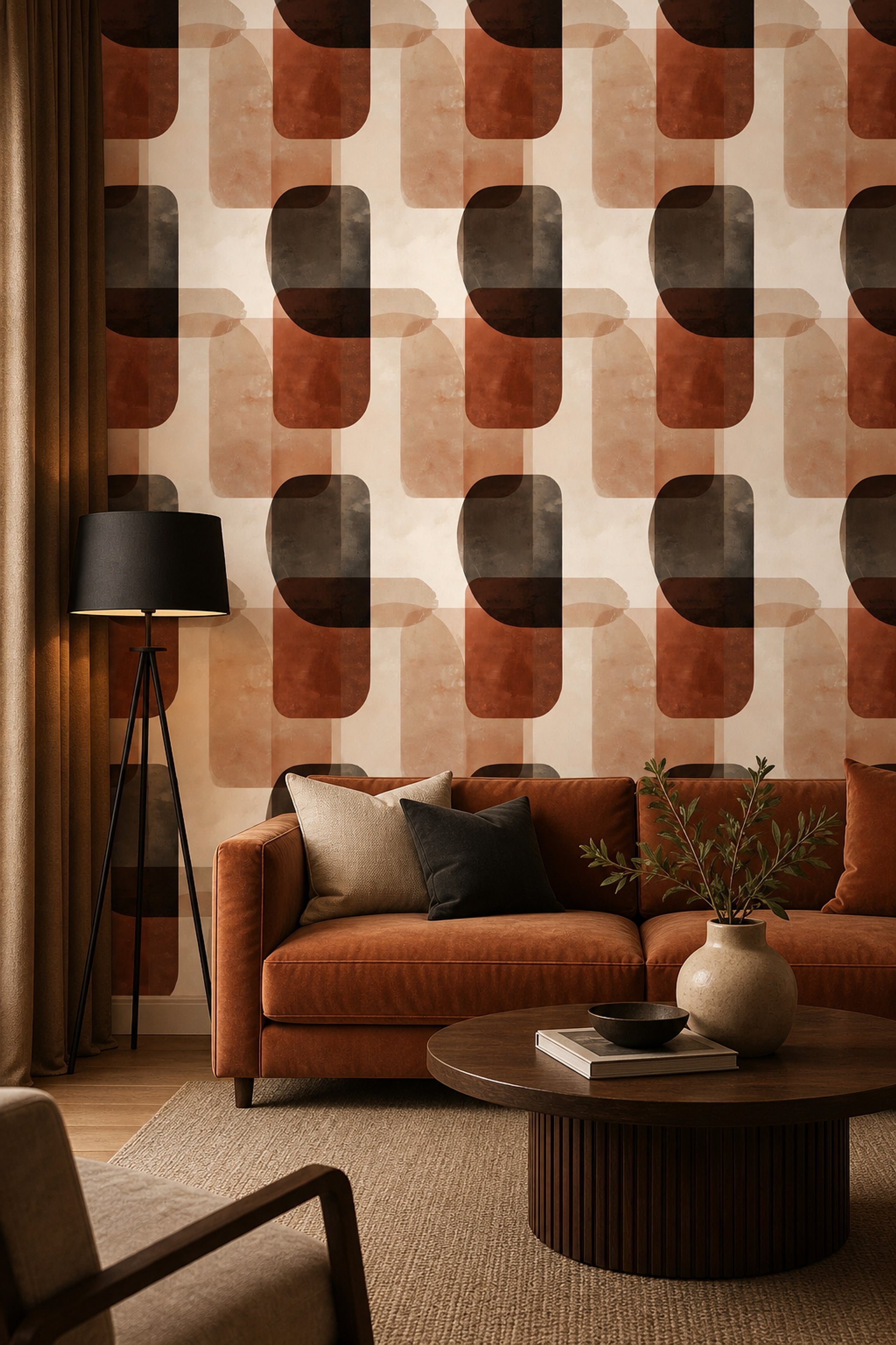 Geometrik Retro Duvar Kağıdı Kahverengi Bej Desenli Salon