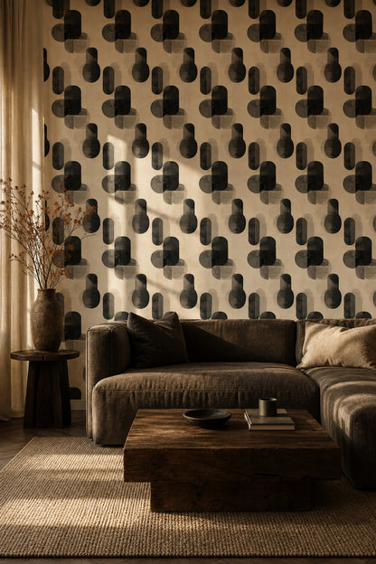 Soyut Geometrik Duvar Kağıdı Bej Siyah Modern Salon Deseni
