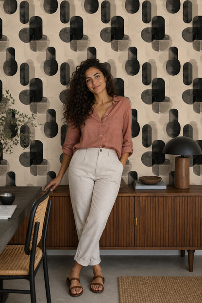 Soyut Geometrik Duvar Kağıdı Bej Siyah Modern Salon Deseni