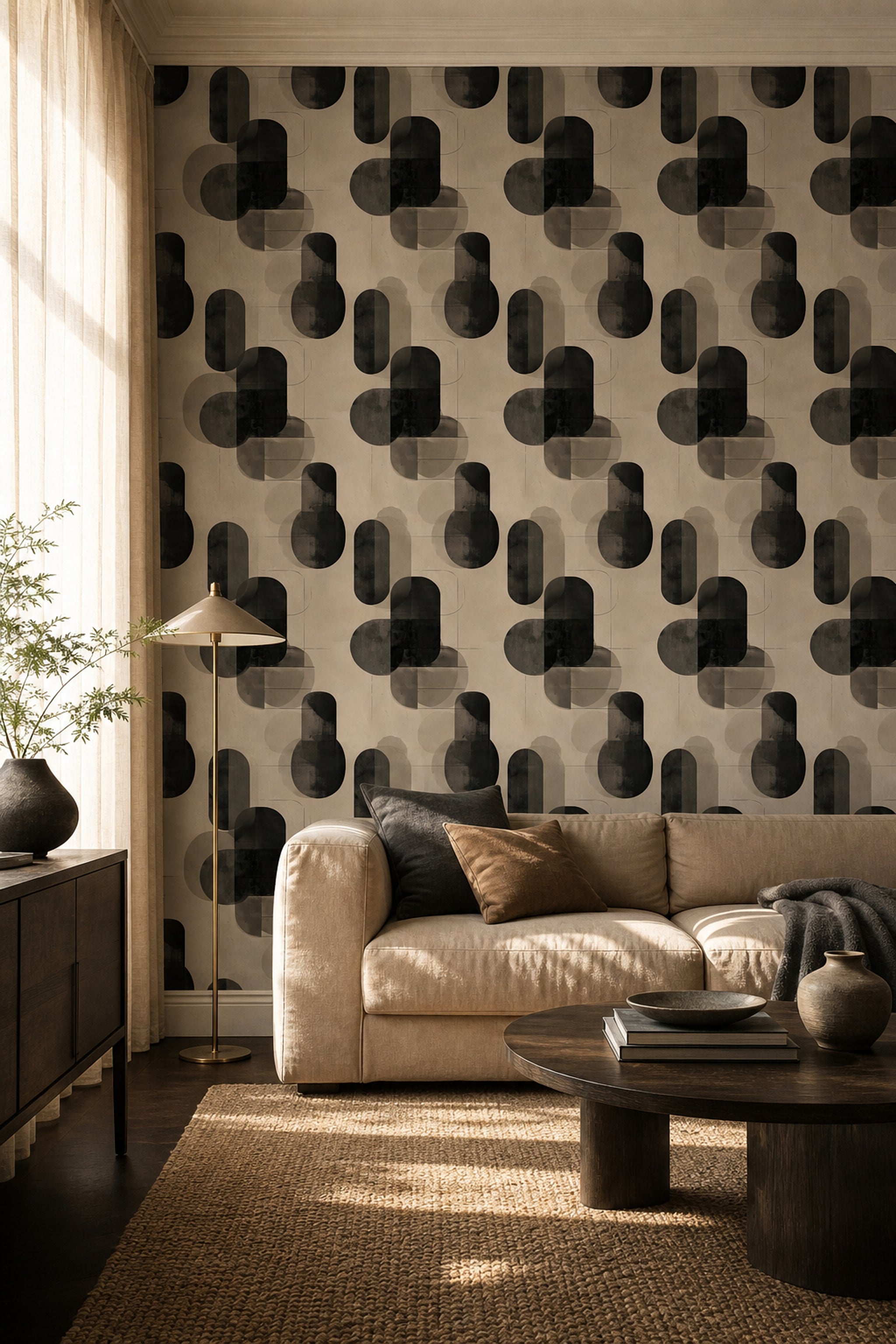 Soyut Geometrik Duvar Kağıdı Bej Siyah Modern Salon Deseni