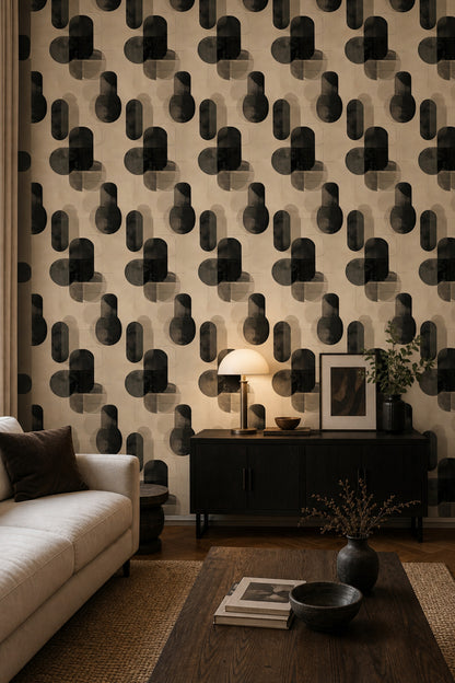 Soyut Geometrik Duvar Kağıdı Bej Siyah Modern Salon Deseni