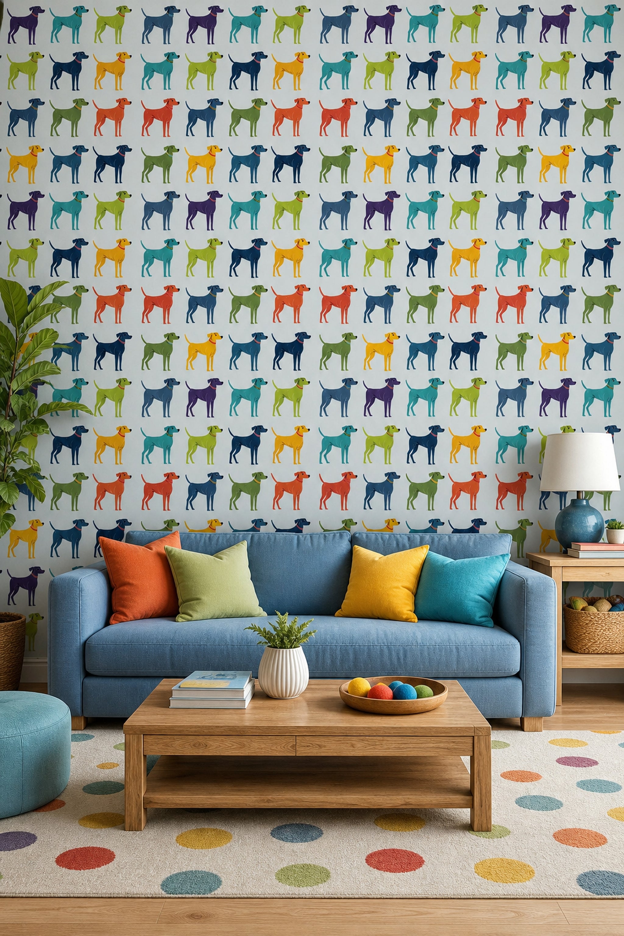 Renkli Köpek Figürlü Duvar Kağıdı Çocuk Odası Desenli