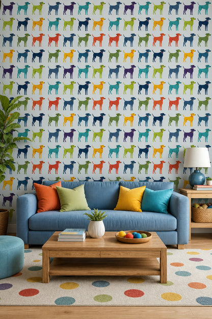 Renkli Köpek Figürlü Duvar Kağıdı Çocuk Odası Desenli