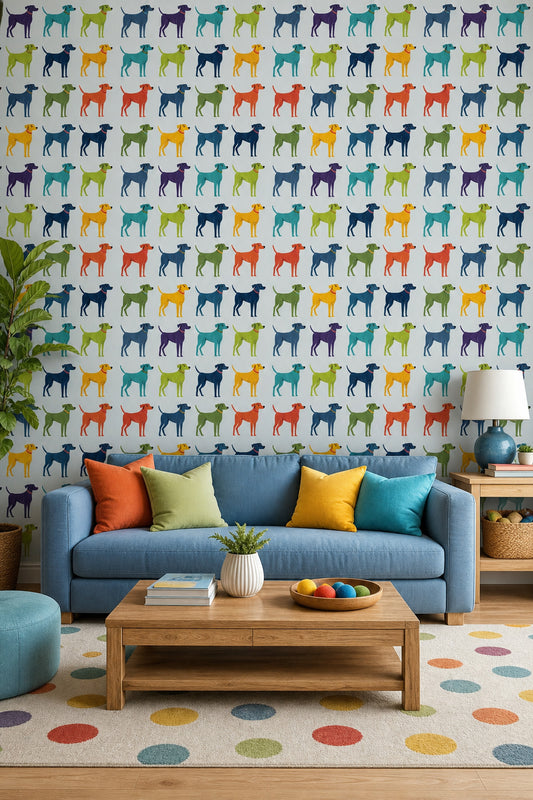 Renkli Köpek Figürlü Duvar Kağıdı Çocuk Odası Desenli