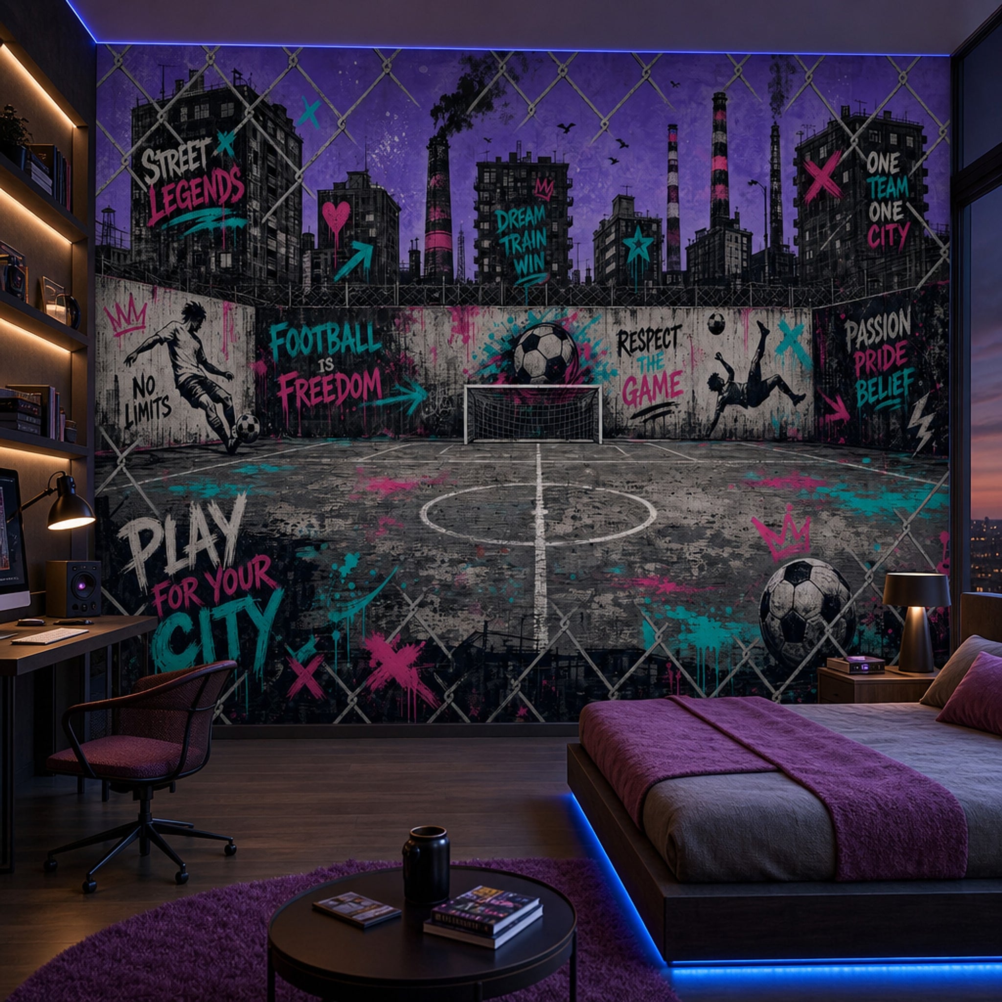 Grafiti Futbol Sahası Poster Duvar Kağıdı Mor Genç Odası
