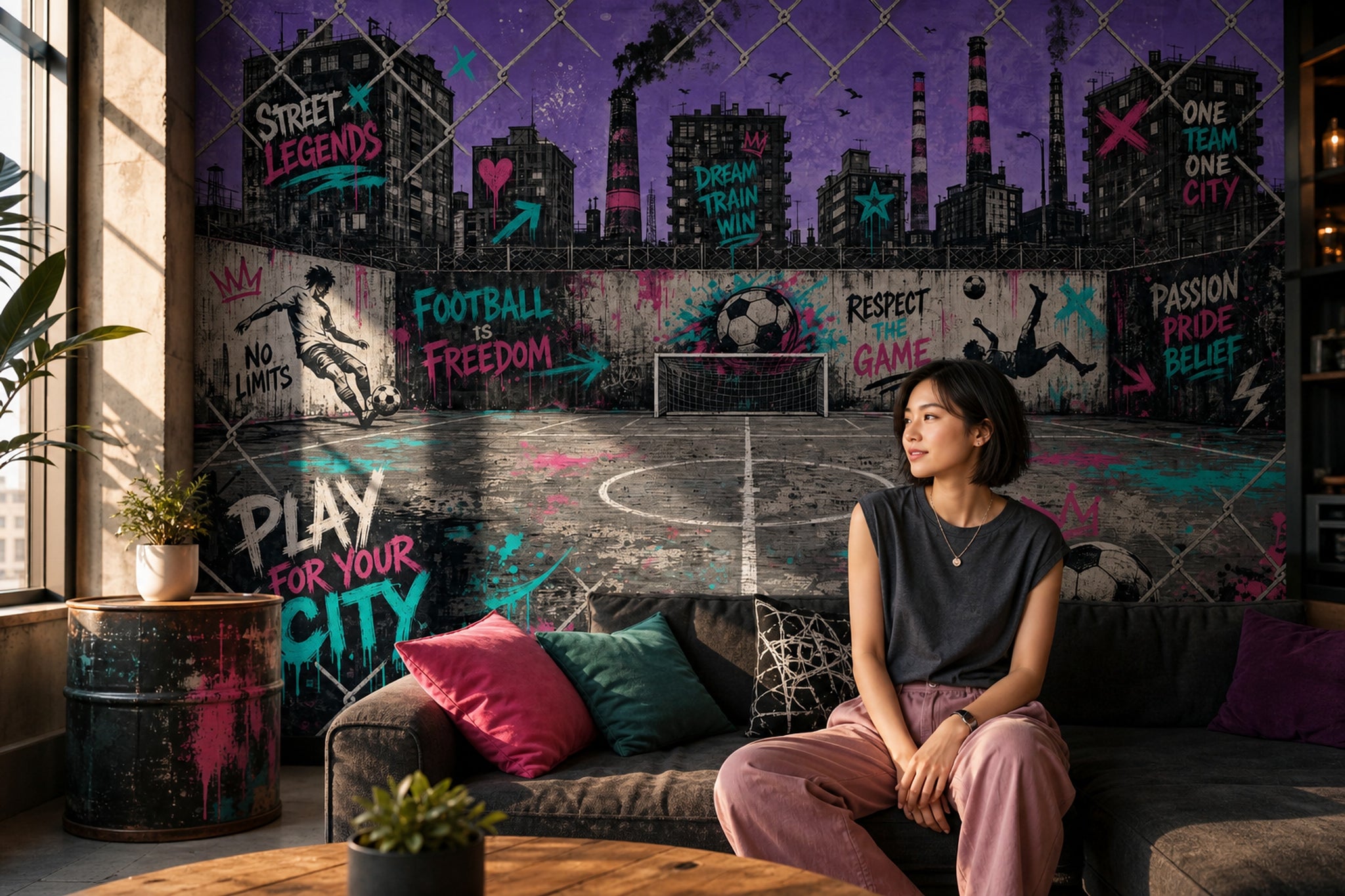 Grafiti Futbol Sahası Poster Duvar Kağıdı Mor Genç Odası