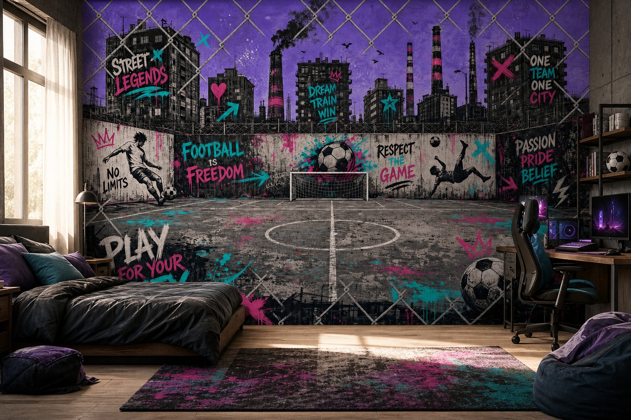 Grafiti Futbol Sahası Poster Duvar Kağıdı Mor Genç Odası