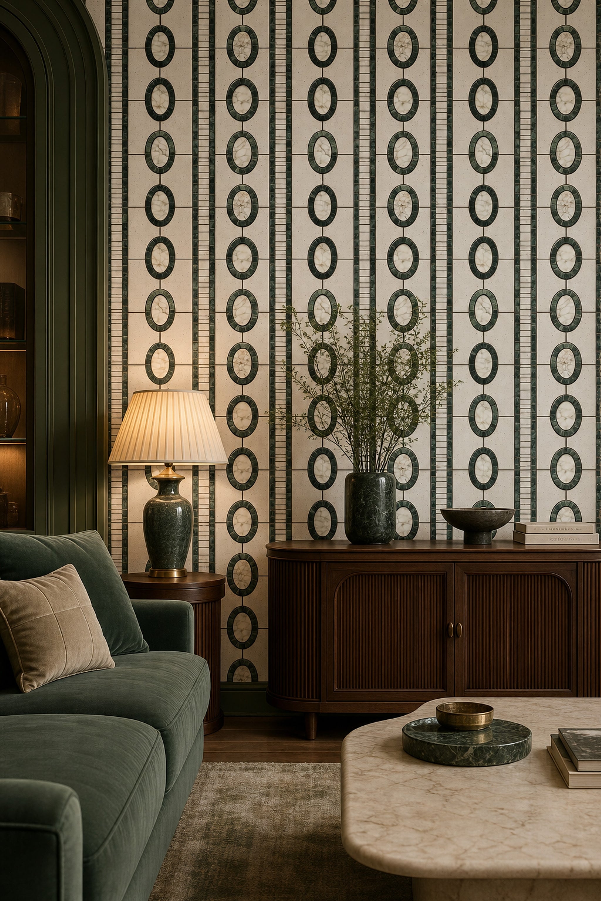 Geometrik Halkalı Duvar Kağıdı Yeşil Krem Salon Deseni