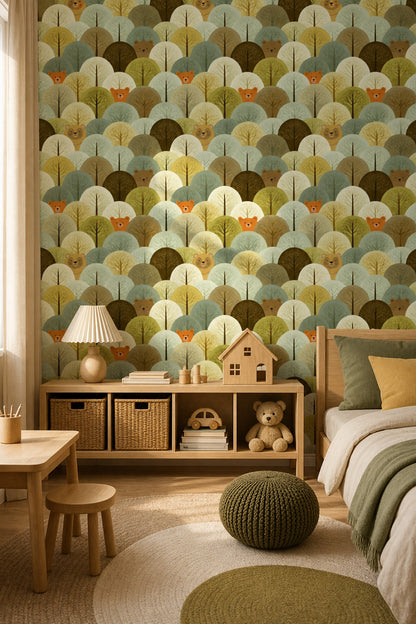 Ayıcık ve Orman Desenli Duvar Kağıdı Yeşil Çocuk Odası