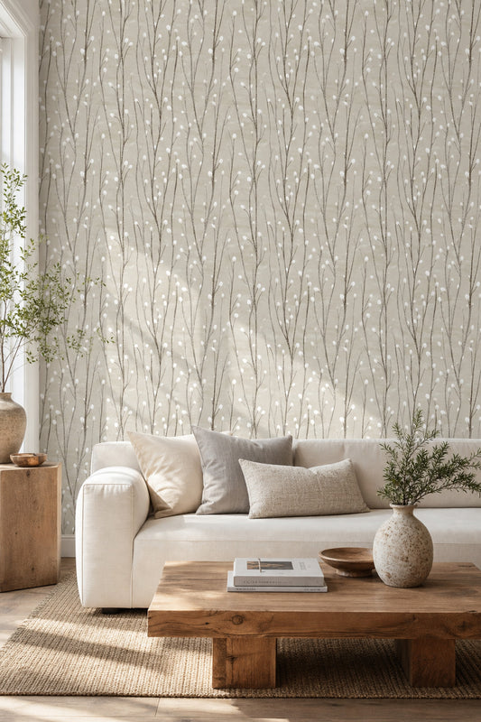 Minimal Dallı Duvar Kağıdı Bej Gri Salon Deseni