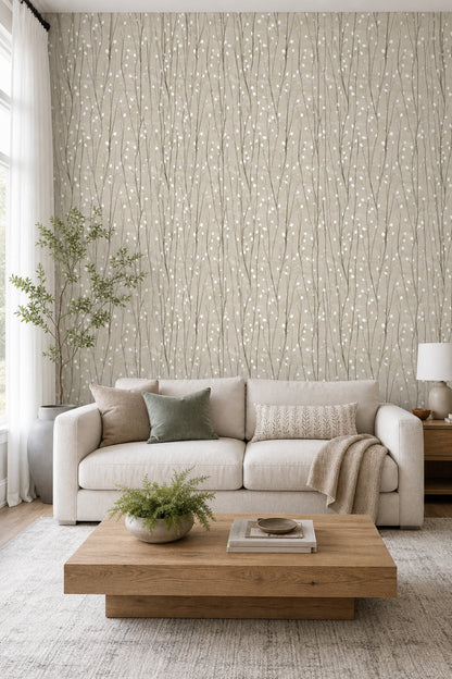 Minimal Dallı Duvar Kağıdı Bej Gri Salon Deseni