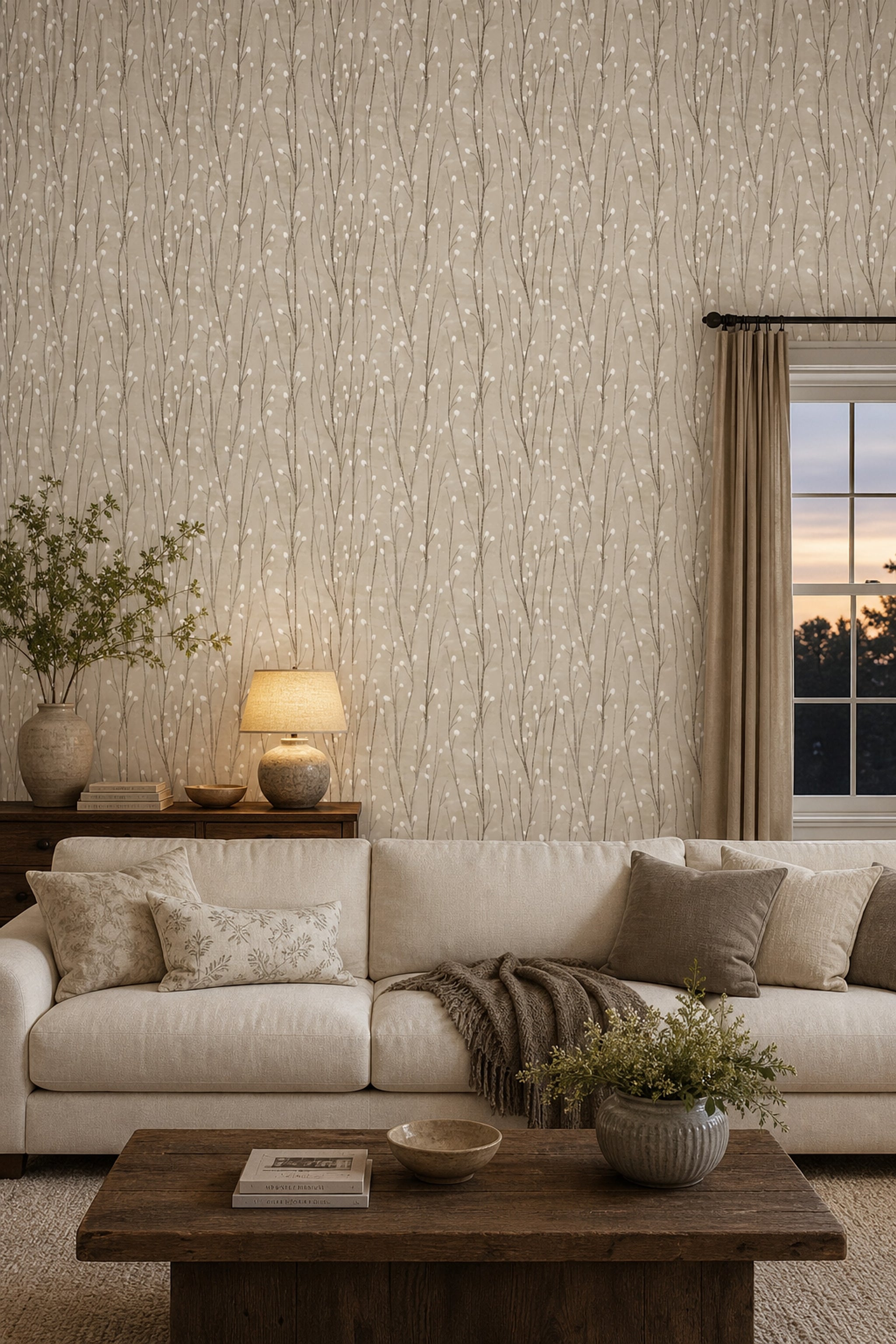 Minimal Dallı Duvar Kağıdı Bej Gri Salon Deseni