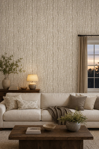 Minimal Dallı Duvar Kağıdı Bej Gri Salon Deseni
