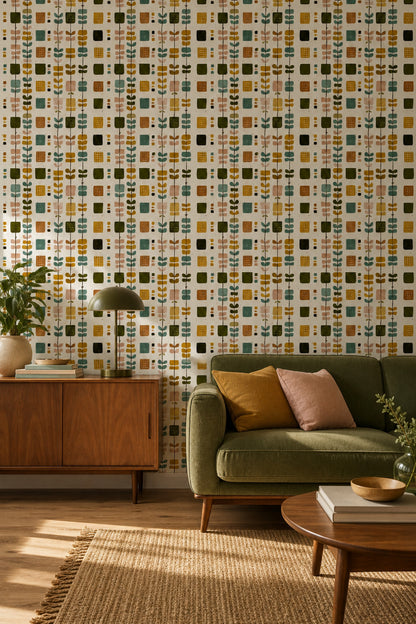 Retro Geometrik Desenli Duvar Kağıdı Yeşil Hardal Salon