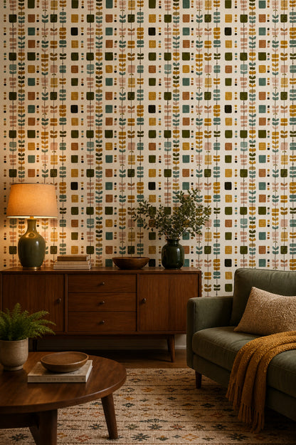 Retro Geometrik Desenli Duvar Kağıdı Yeşil Hardal Salon
