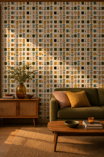 Retro Geometrik Desenli Duvar Kağıdı Yeşil Hardal Salon