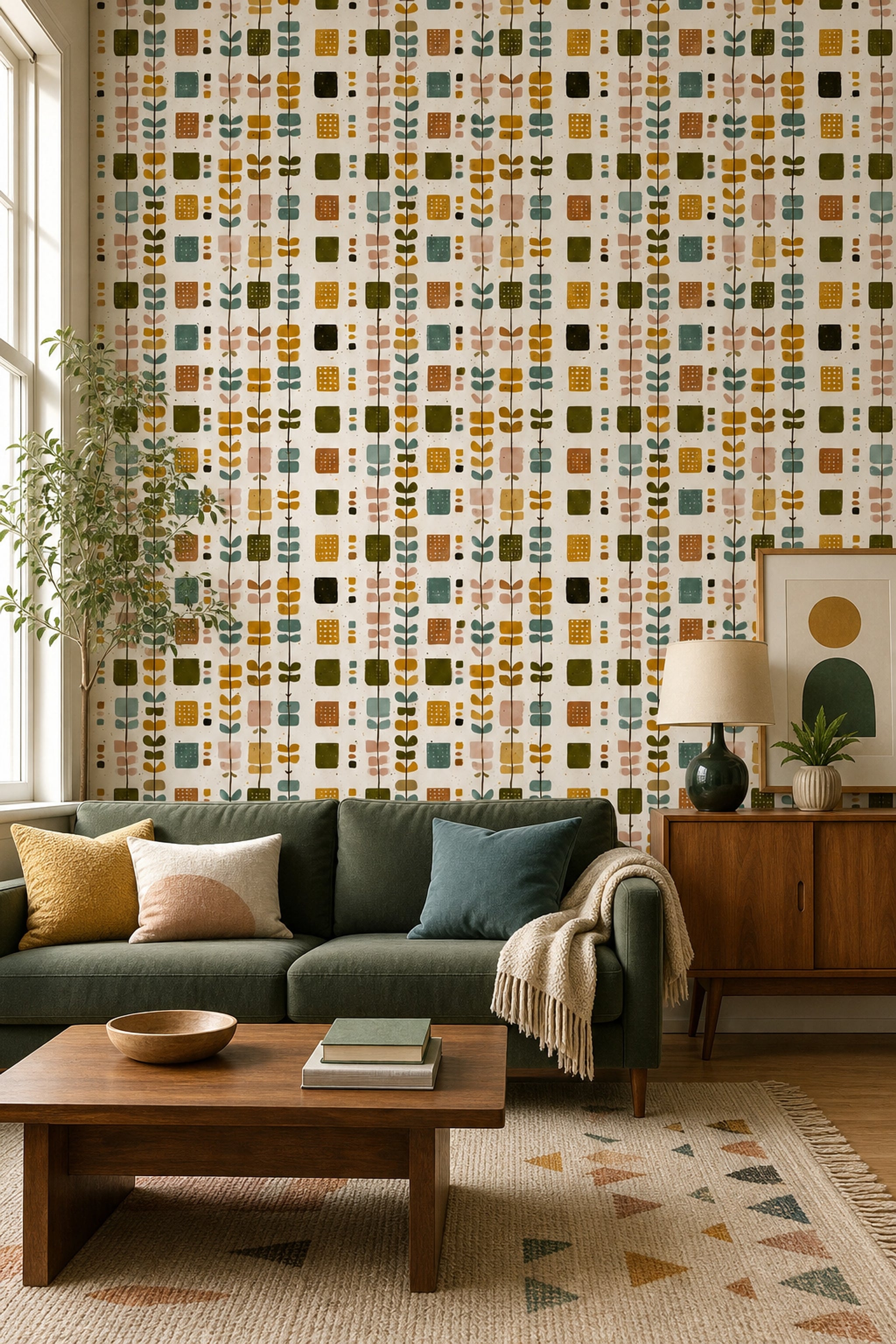 Retro Geometrik Desenli Duvar Kağıdı Yeşil Hardal Salon