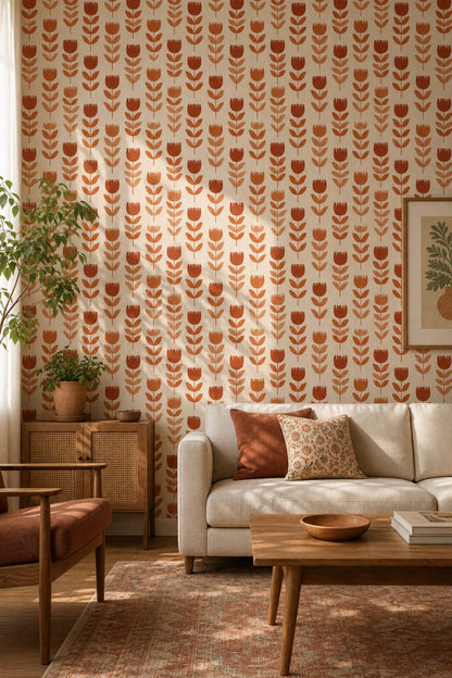 Lale Desenli Duvar Kağıdı Kiremit Turuncu Retro Salon
