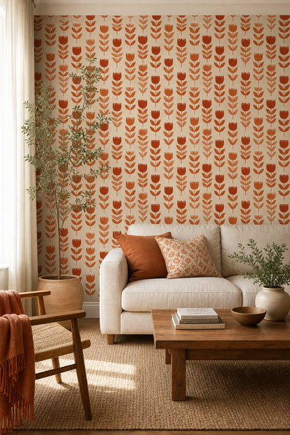 Lale Desenli Duvar Kağıdı Kiremit Turuncu Retro Salon