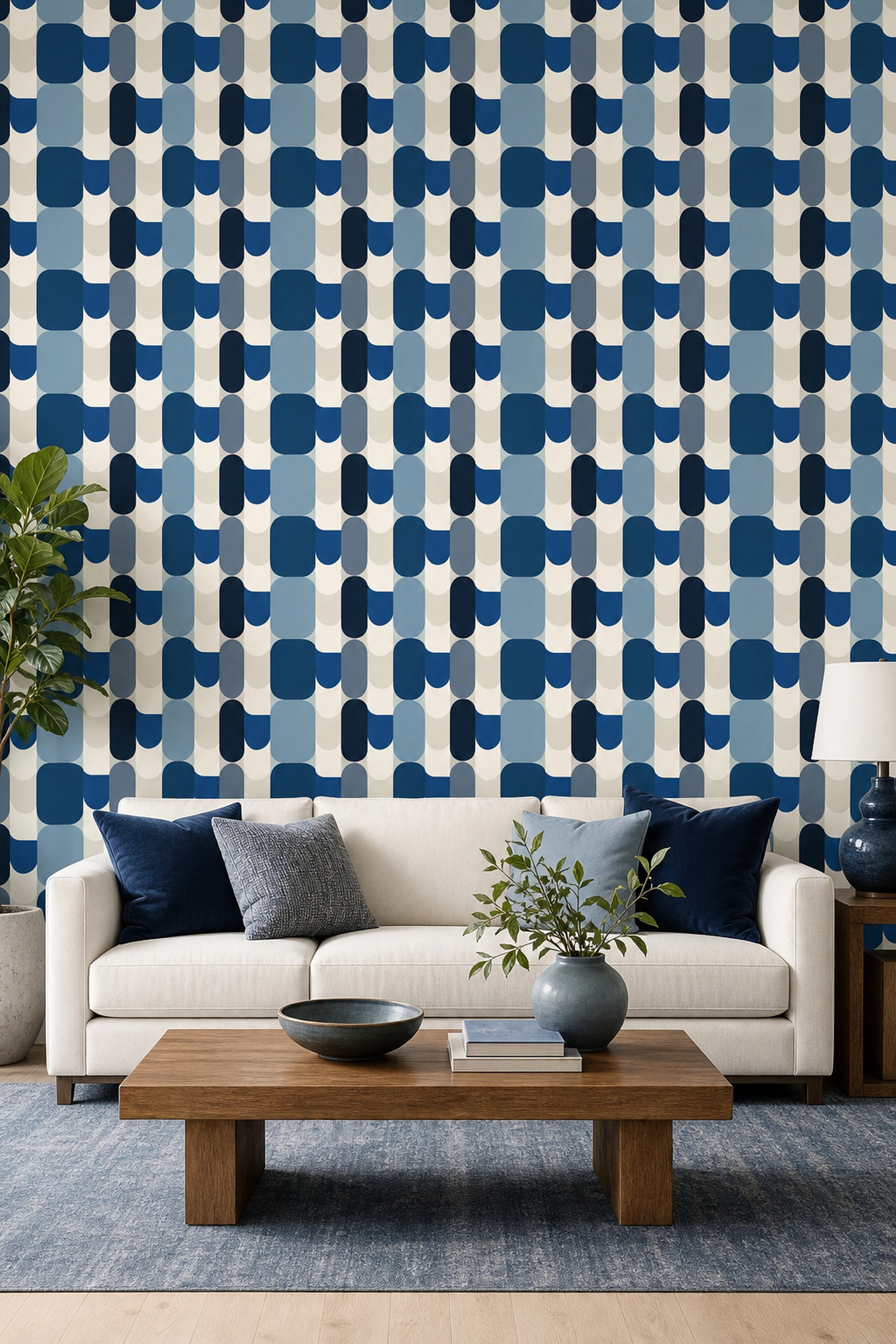 Geometrik Şekilli Duvar Kağıdı Lacivert Mavi Salon Deseni