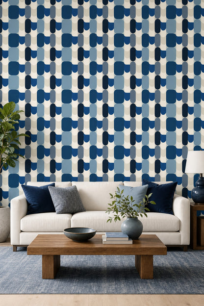 Geometrik Şekilli Duvar Kağıdı Lacivert Mavi Salon Deseni