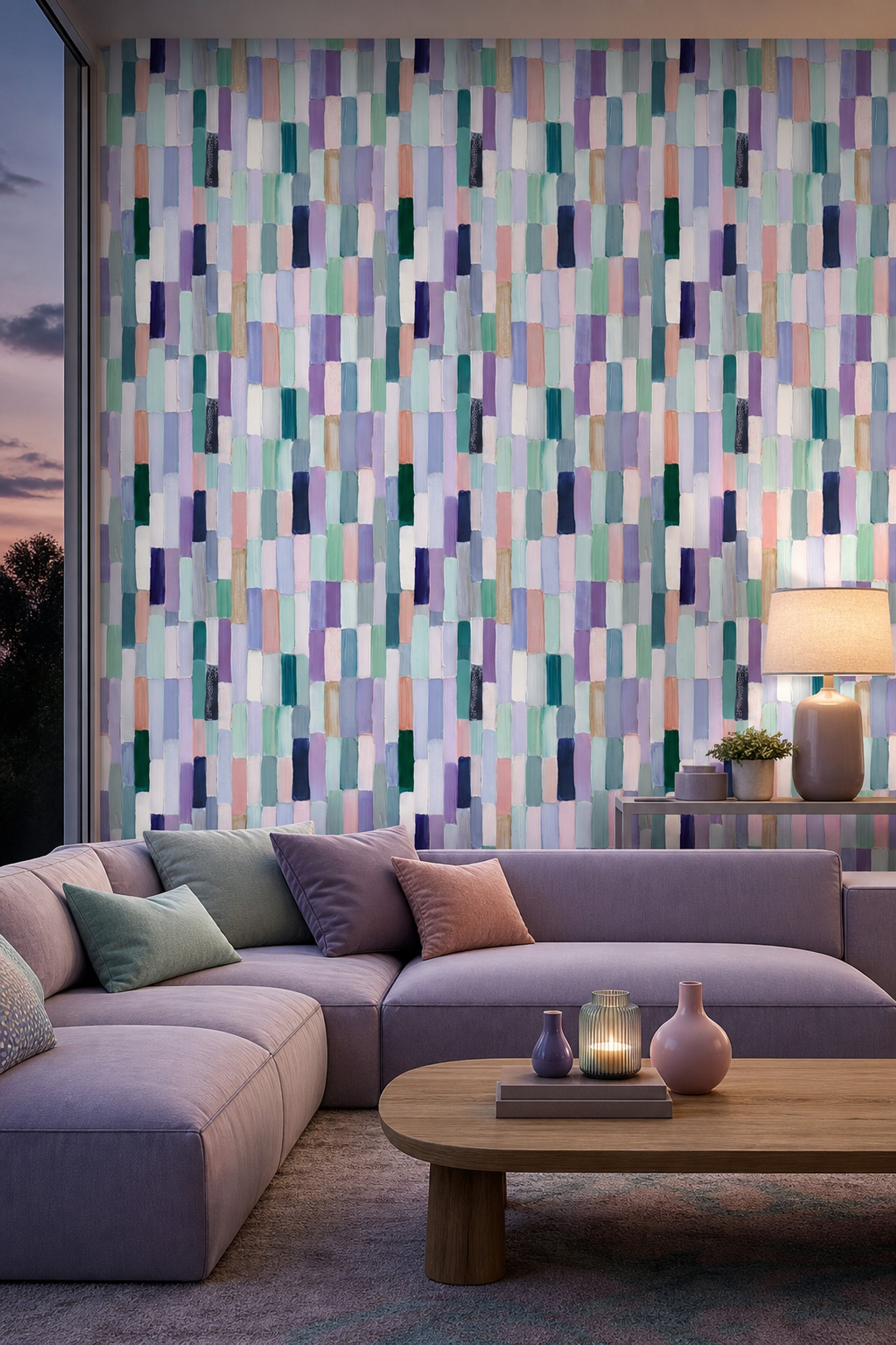 Renkli Fırça Darbeli Duvar Kağıdı Modern Geometrik Salon