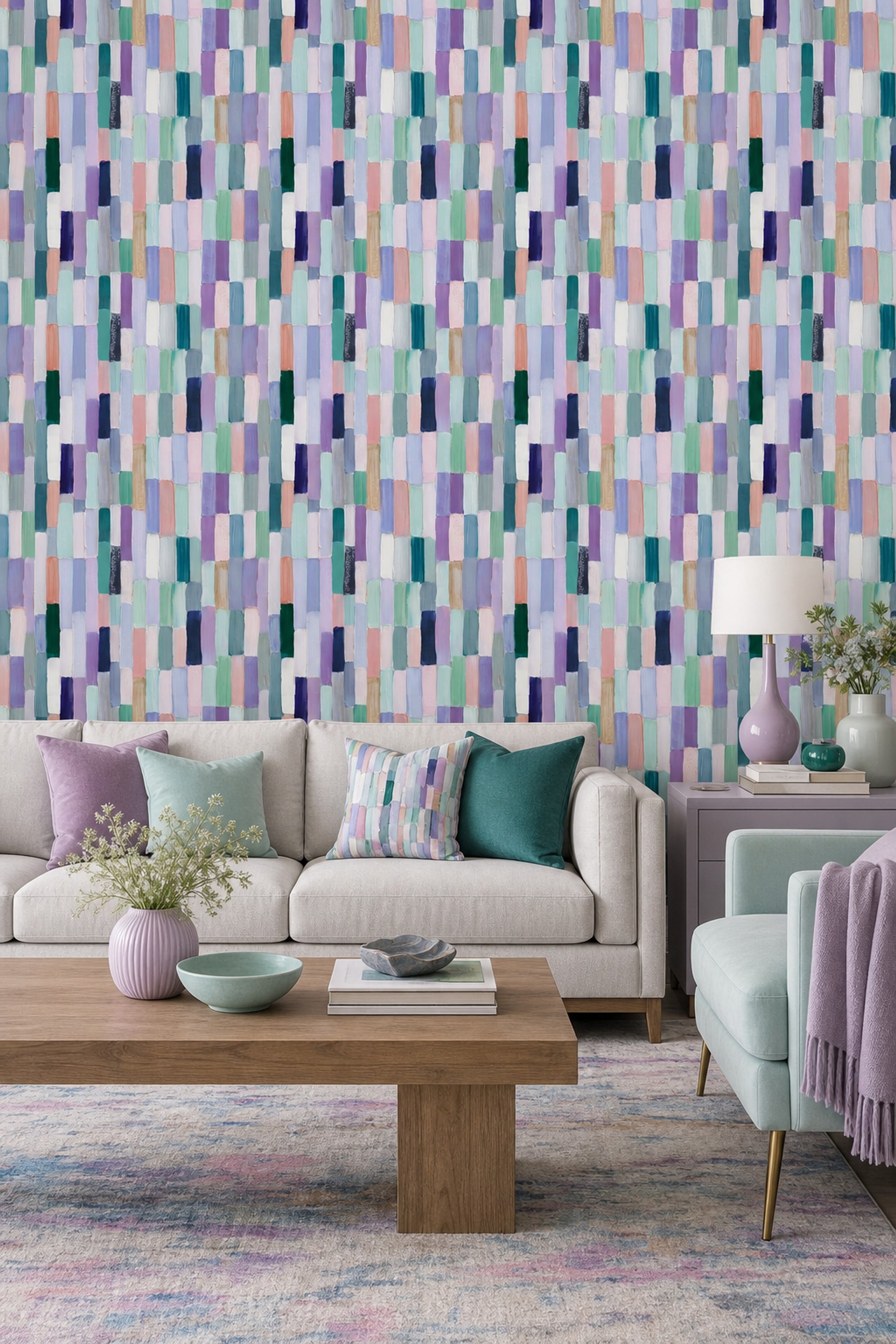 Renkli Fırça Darbeli Duvar Kağıdı Modern Geometrik Salon