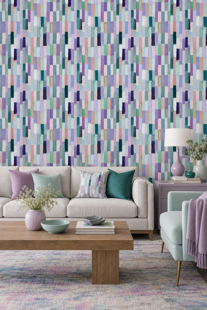 Renkli Fırça Darbeli Duvar Kağıdı Modern Geometrik Salon