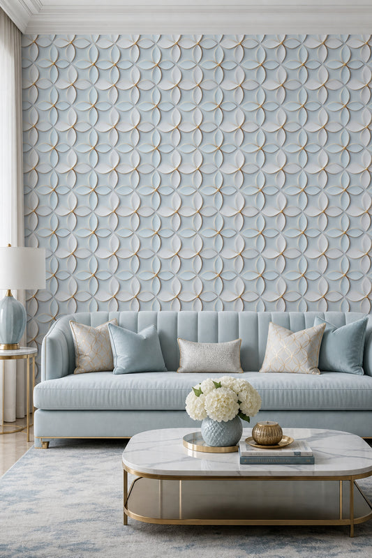 Geometrik Halka Desenli Duvar Kağıdı Açık Mavi Salon