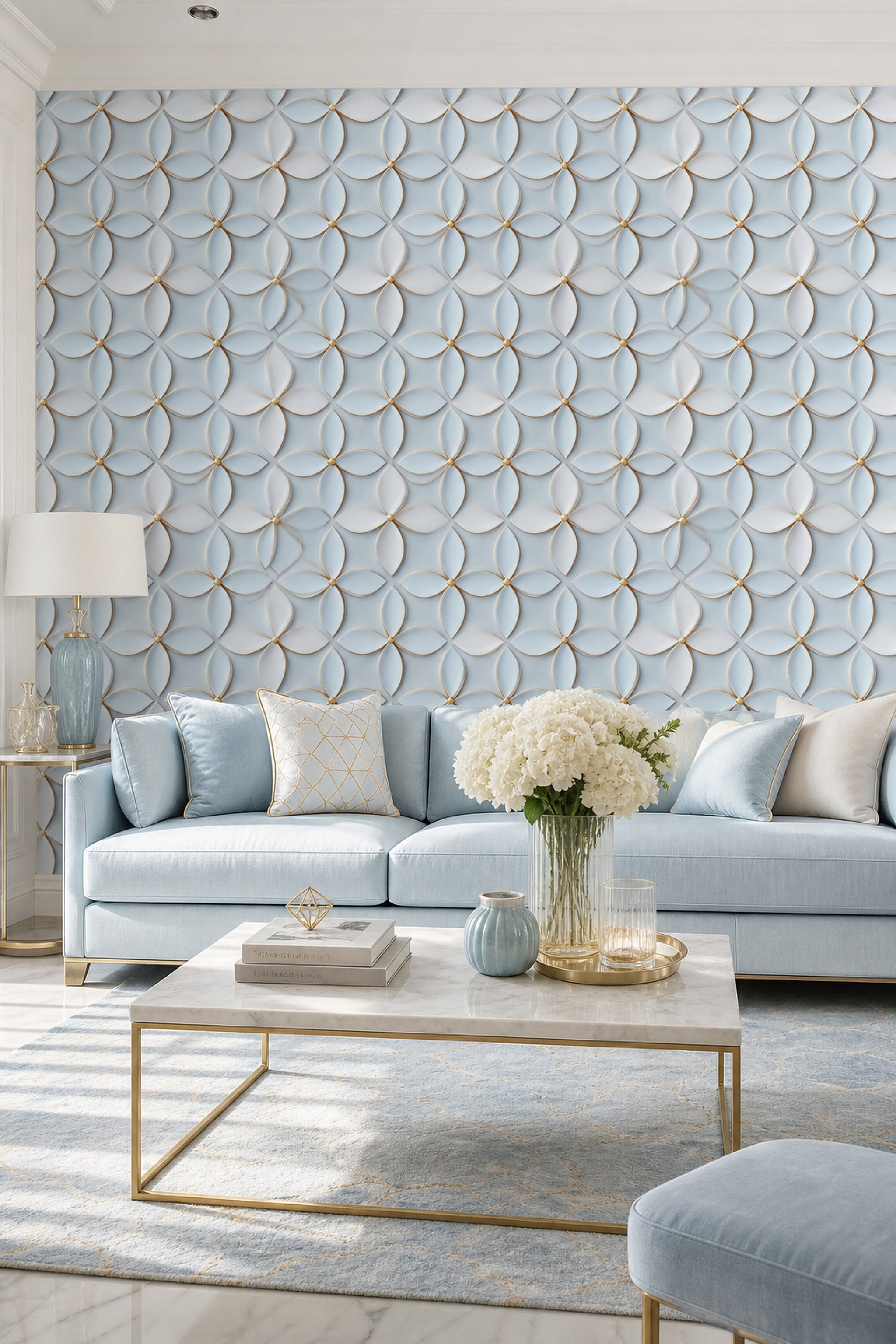 Geometrik Halka Desenli Duvar Kağıdı Açık Mavi Salon