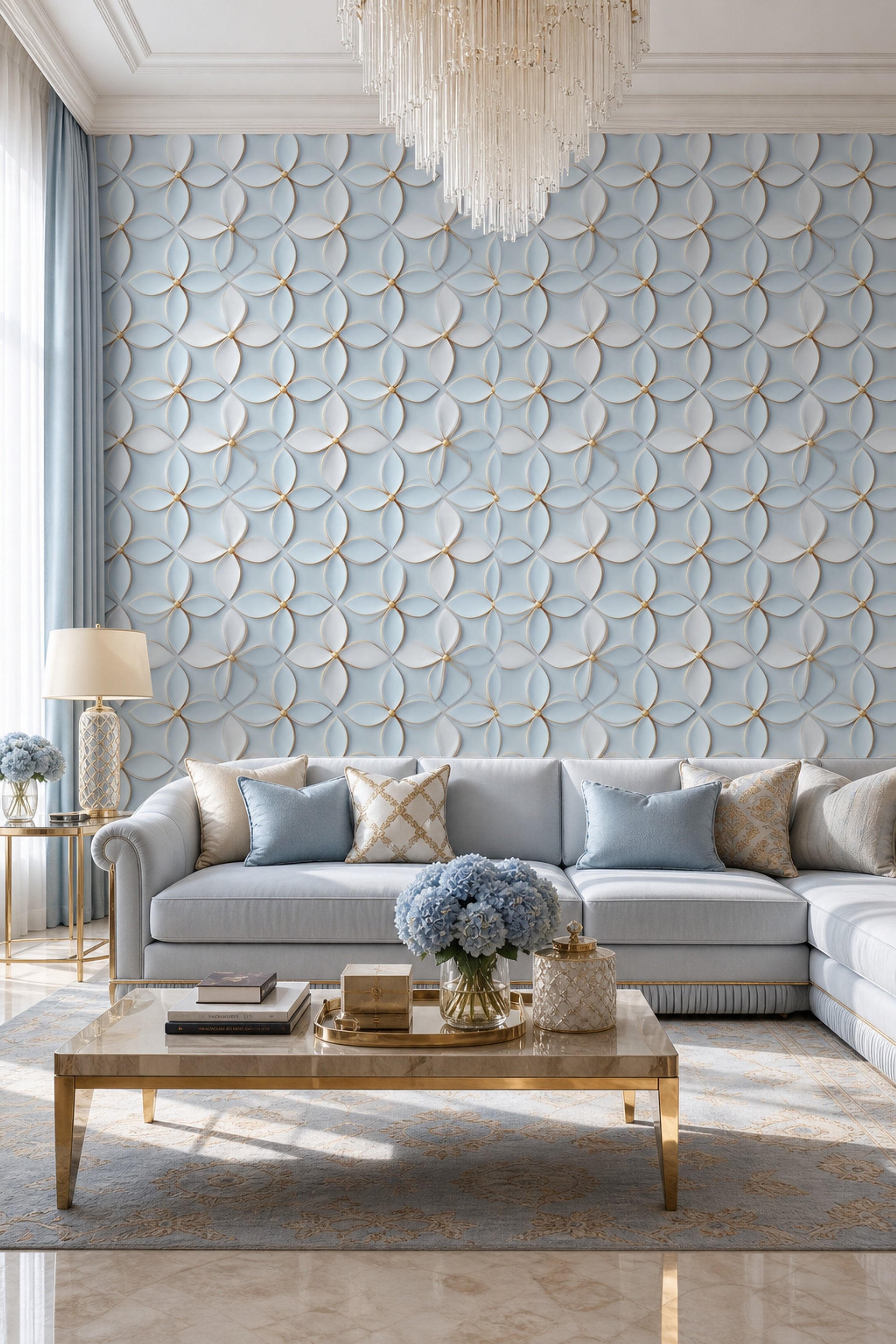 Geometrik Halka Desenli Duvar Kağıdı Açık Mavi Salon