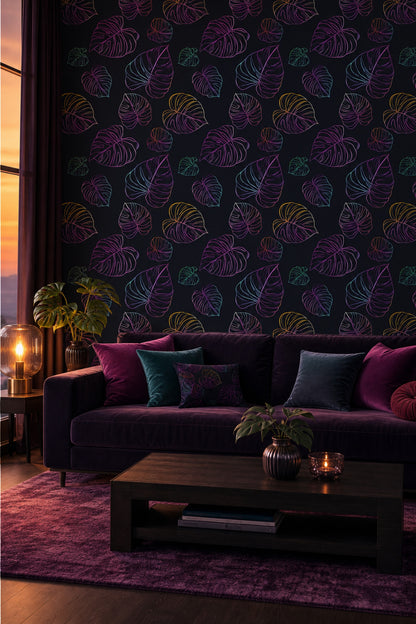 Neon Tropikal Yapraklı Duvar Kağıdı Siyah Zemin Salon