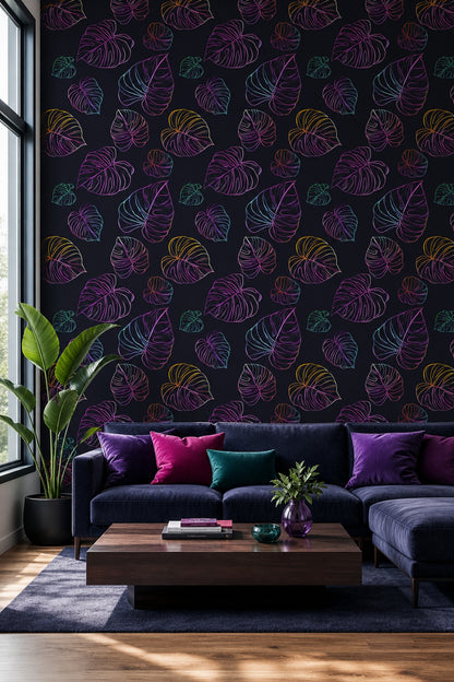 Neon Tropikal Yapraklı Duvar Kağıdı Siyah Zemin Salon