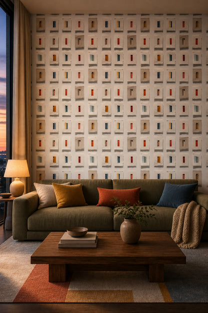 Geometrik Kareli Duvar Kağıdı Renkli Minimal Yatak Odası