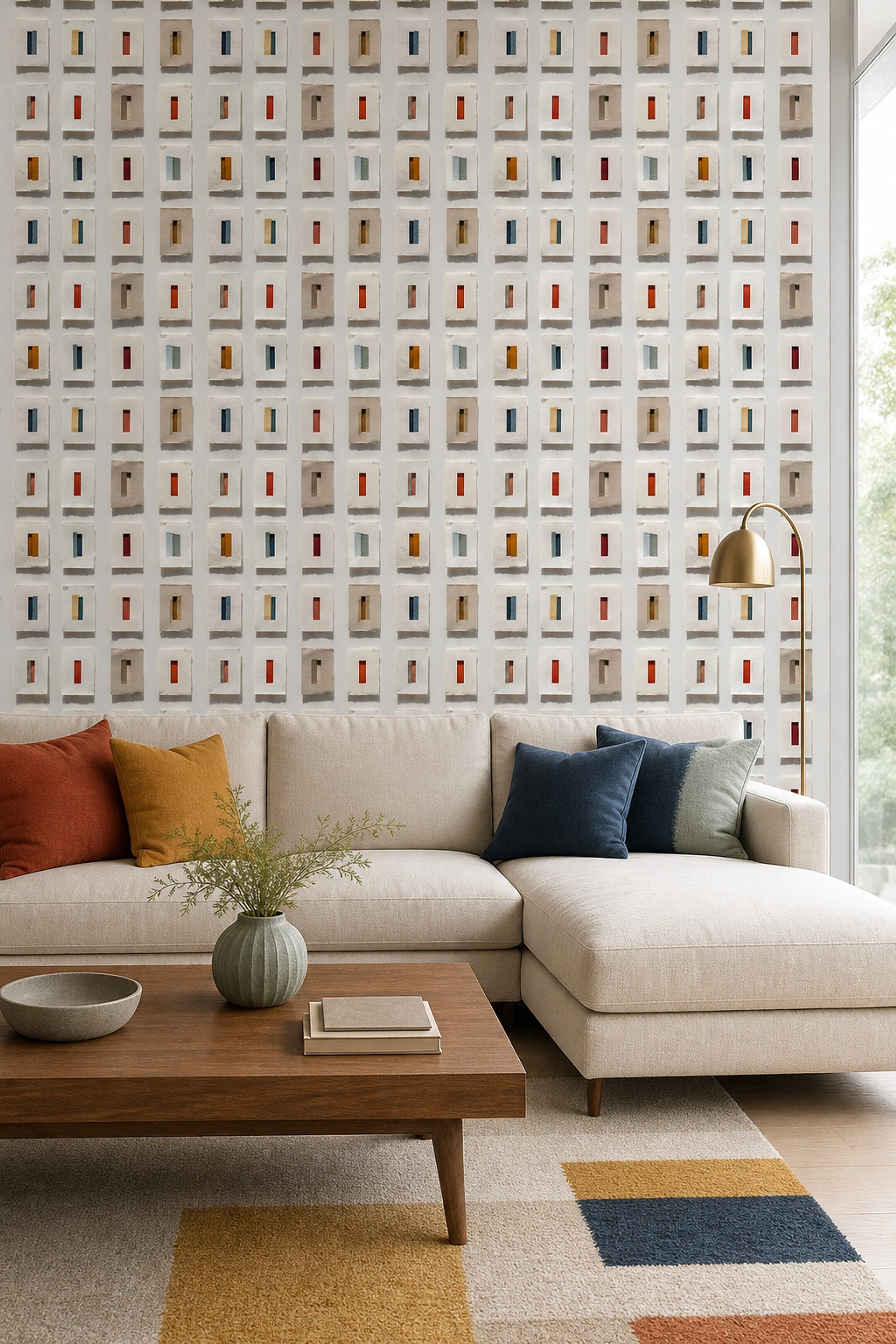 Geometrik Kareli Duvar Kağıdı Renkli Minimal Yatak Odası
