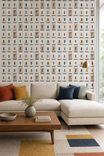 Geometrik Kareli Duvar Kağıdı Renkli Minimal Yatak Odası