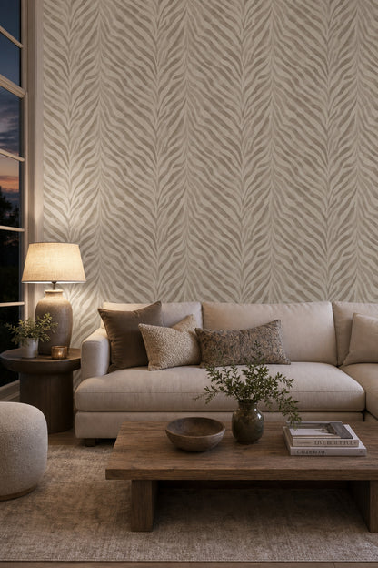 Zebra Desenli Duvar Kağıdı Bej Krem Modern Salon
