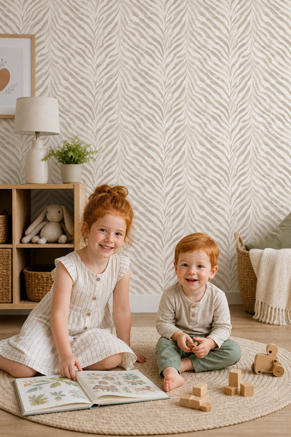 Zebra Desenli Duvar Kağıdı Bej Krem Modern Salon