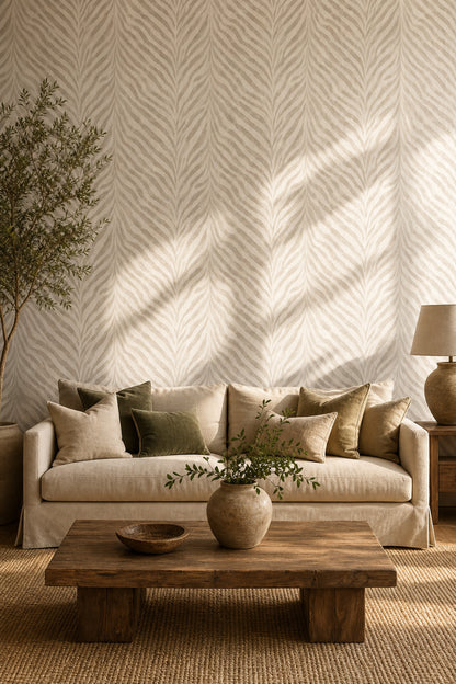 Zebra Desenli Duvar Kağıdı Bej Krem Modern Salon