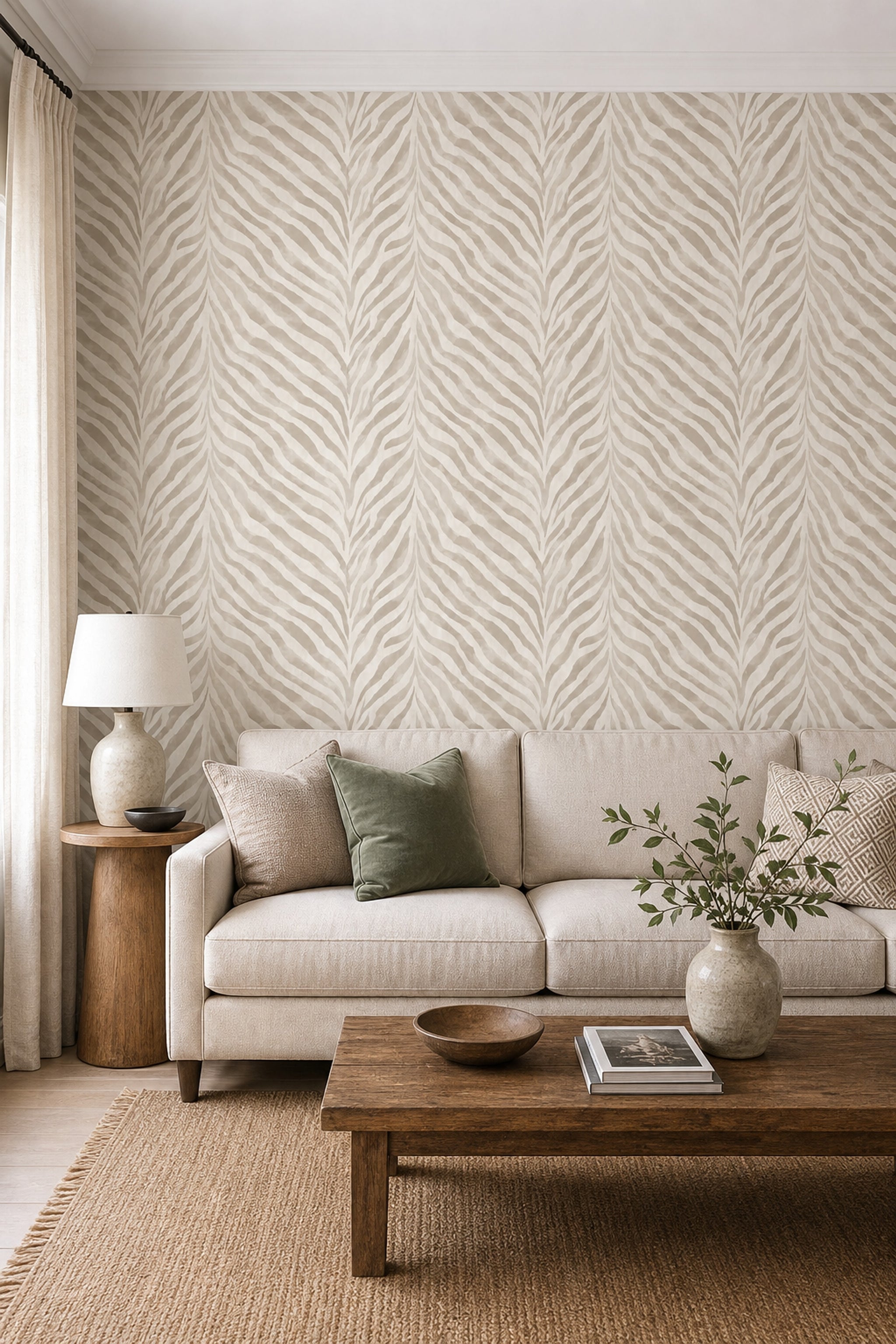 Zebra Desenli Duvar Kağıdı Bej Krem Modern Salon