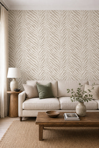 Zebra Desenli Duvar Kağıdı Bej Krem Modern Salon