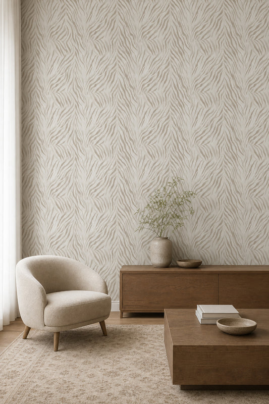 Bej Zebra Desenli Duvar Kağıdı Modern Salon Dekoru