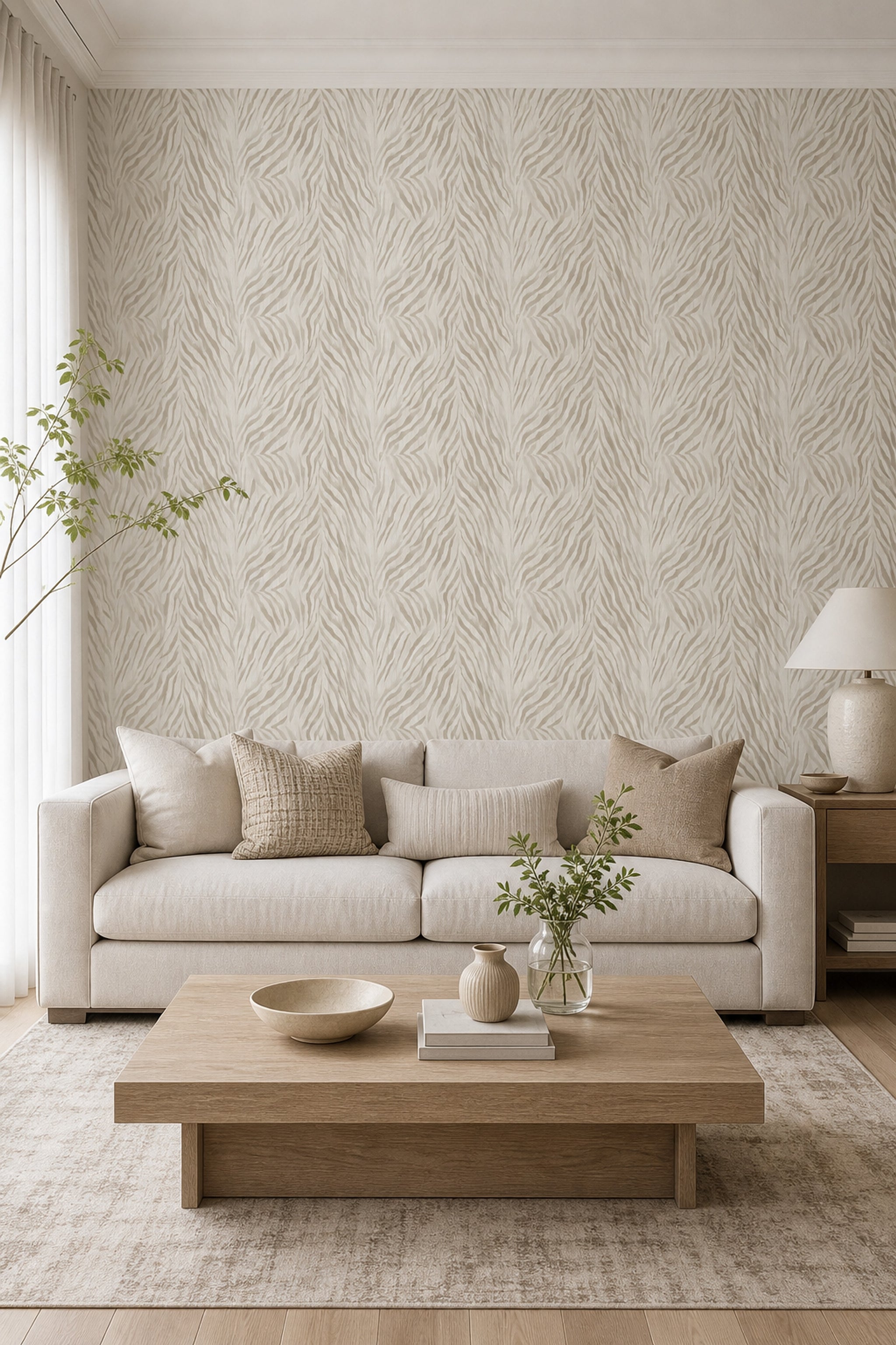 Bej Zebra Desenli Duvar Kağıdı Modern Salon Dekoru