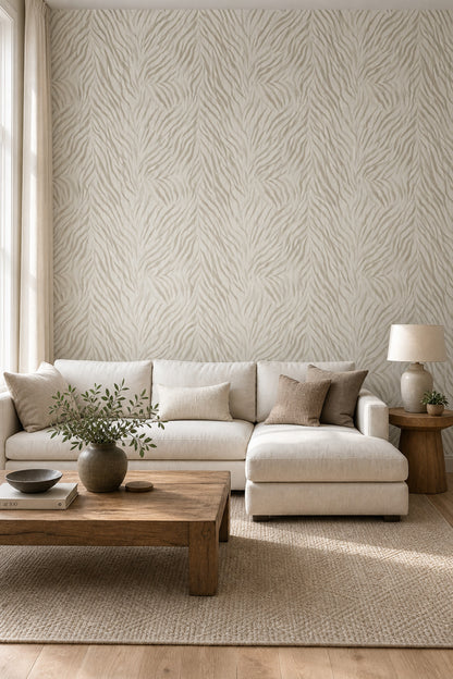 Bej Zebra Desenli Duvar Kağıdı Modern Salon Dekoru