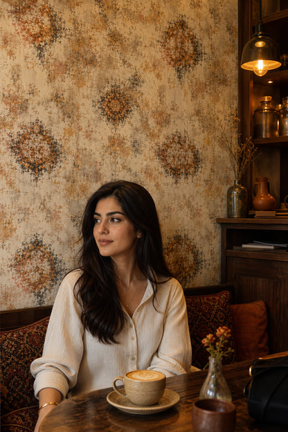 Vintage Halı Motifli Duvar Kağıdı Bej Kahverengi Salon