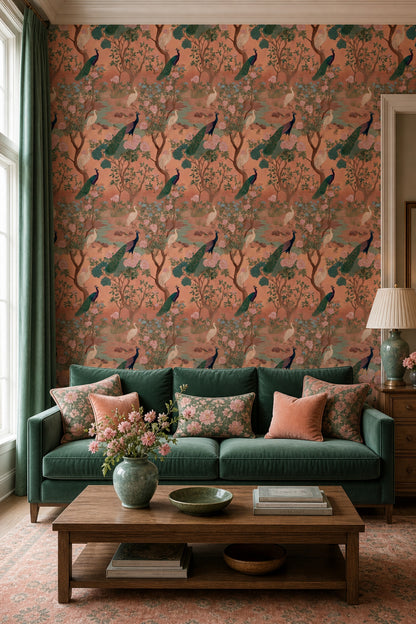 Tavus Kuşlu Çiçekli Duvar Kağıdı Terracotta Salon Deseni